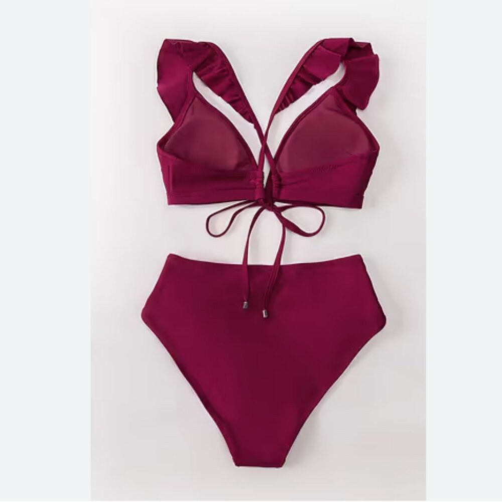 Savannah Burgundy Ruffle Crisscross Drawstring Bikini - Picture 2 of 4